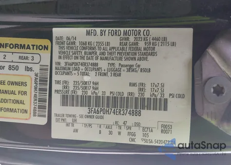 2014 Ford Fusion Se from USA, damaged, VIN 3FA6P0H74ER374888